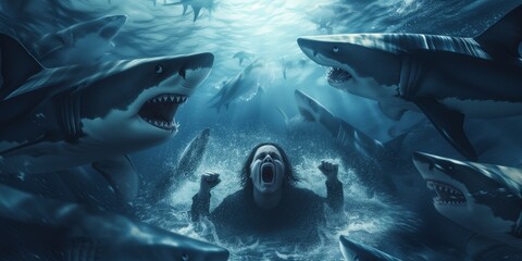 Panicked Man's Desperate Pleas For Help As Sharks Surround Him In Water - obrazy, fototapety, plakaty