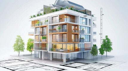 A 3D model of a contemporary, sustainable apartment complex featuring blueprints and energy-saving diagrams