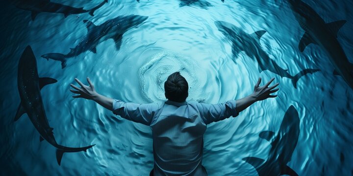 Business Man Falls In The Water With Sharks