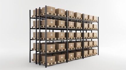 3D viewing shelves filled with cardboard boxes. white background. 
