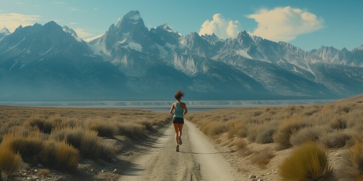 Active Woman Embracing The Beauty Of Nature During A Scenic Trail Run With Majestic Mountains In The Background