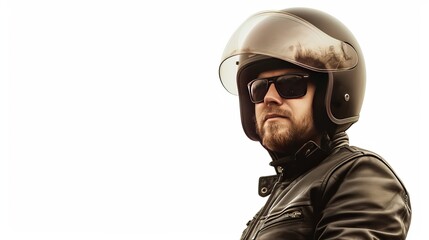 Leather jacket and a black protective helmet. The rider's portrait. Sepia style. isolated on white background. Looking on the right, left side.