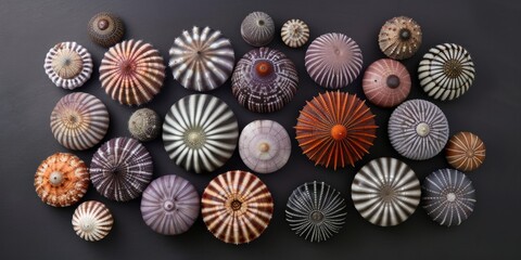 An Assortment Of Sea Urchins, Showcasing Their Unique Forms Against Black Backdrop