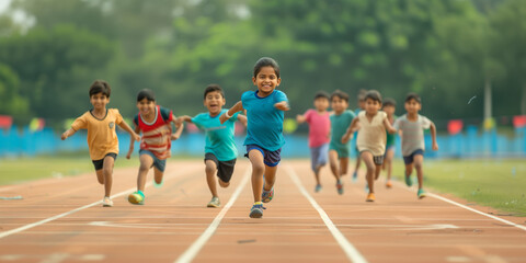 Fototapeta premium Cheerful Children From India Race Joyfully In Sports Stadium