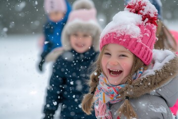 Children Enjoy Winter Fun, Laughter Filling The Air As They Frolic In The Snow - obrazy, fototapety, plakaty