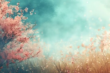 Dreamy spring background with blossoming pink tree. ethereal nature scene. serene and tranquil landscape. fantasy artwork for creative design. AI