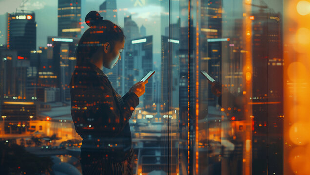 smartpone, cellphone, handy, tablet, business, frau, b&uuml;rofrau, technologier, stadt, nach, abend, bokeh, unscharf, hintergrund, existenz, gr&uuml;nder, digitales, daten, kaufmann, kauffrau, erwachsen