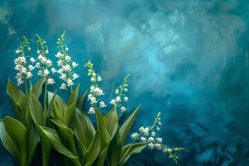 Fototapeta na wymiar Serene lily of the valley bouquet against misty blue backdrop. nature-inspired, elegant painting style. ideal for spring themes. AI