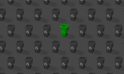 Green Trash Can Surrounded by Black Trash Cans.