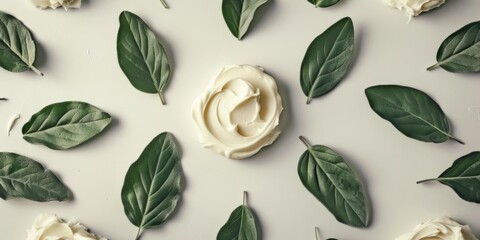 Creamy Skincare Product Adorned With Leaves On Clean White Background