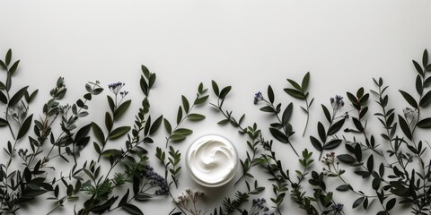 Leafy Green Accent Embellishes Creamy Skincare Product On Crisp White Background - obrazy, fototapety, plakaty