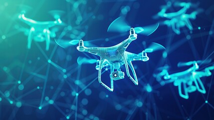 Futuristic Drone Technology Abstract. Digital wireframe of drones flying with a blue neon glow. Digital low poly 3D drone flying in the future - obrazy, fototapety, plakaty