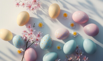 Fototapeta na wymiar Wallpaper for Easter card invitation, with multi color pastel easter eggs on pastel background 