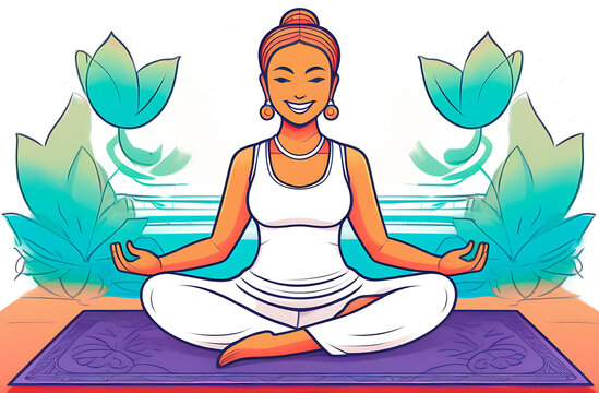 woman doing yoga on a mat, sitting in lotus position, in white clothes, a white T-shirt and combat boots, tied up hair