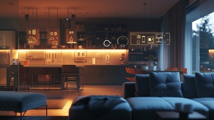 luminous smart home icons on the background of the kitchen and living room. Concept of automation and hi tech. 3d rendering toned image double exposure - obrazy, fototapety, plakaty