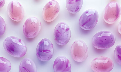 Wallpaper for Easter card invitation, with shinny translucid easter eggs on purple pastel background	
