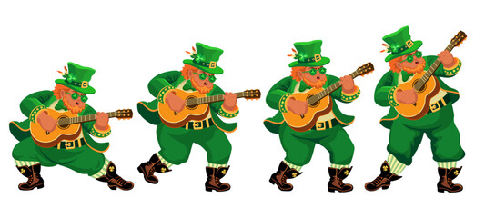 Set of four funny musicians guitarists in leprechaun costumes. People with guitars. Cartoon characters are isolated on white. Illustration for St. Patricks Day, an Irish holiday. Vector.