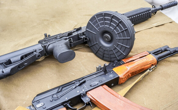 Russian Kalashnikov assault rifle AK-12 with a drum magazine, AK-74 assault rifle
