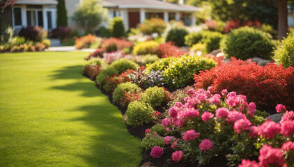Fototapeta na wymiar Beautiful manicured lawn and flowerbed. AI generated