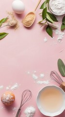 Fototapeta na wymiar Flat lay food ingredients on a gently pink pastel background