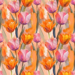 spring floral seamless pattern of delicate tulips in a picturesque colorful style, a combination of pink, green, purple and orange