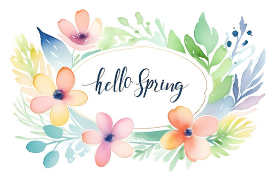 Postcard, watercolor drawing of flowers in the form of a wreath with the inscription Hello Spring in the center