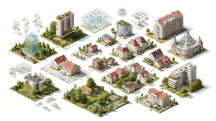 Fototapeta na wymiar isometric cityscapes, white backdrop, conceptual mapping, and geometric diagram displaying different surfaces of the European terrain with layers of transparency an atlas of residential neighborhoods 
