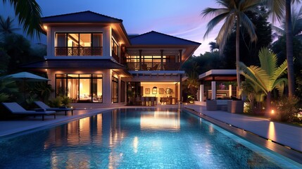 Obraz na płótnie Canvas luxurious swimming pool villa at dusk 