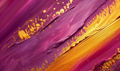 Purple and gold paint texture on canvas, painting wallpaper, close up macro view, copy space,  