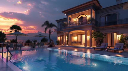 Fototapeta na wymiar luxurious swimming pool villa at dusk 