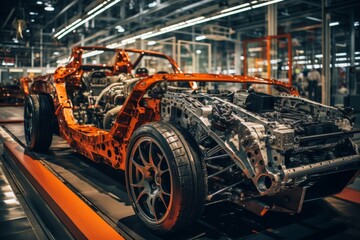 Fototapeta premium A powerful sports car is assembled on the assembly line of the production shop