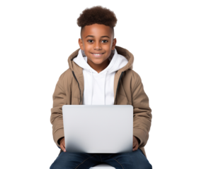 Cheerful African American boy with laptop, cut out