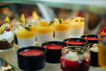 Deserts in bufet stand ready