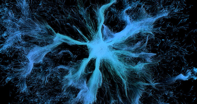 Abstract blue neuron-like fractal explosion on black background