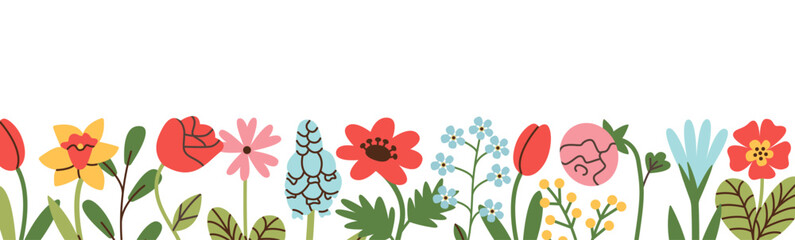 Horizontal banner or floral background decorated colorful flowers and leaves.. Spring summer botanical border.