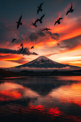 Sunset behind a mountain with the silhouette of a birds flying across the sky and the sun’s...