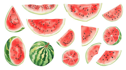 Set of watercolor watermelons isolated on a transparent background. Clipart PNG.