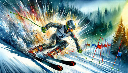 A dynamic watercolor painting of a skier in motion, aggressively navigating through slalom gates on a snowy slope with a forest backdrop.Sport concept.AI generated.