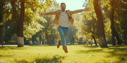 Energetic Man Enjoying A Sunny Run Through An Urban Park With Room For Imagination