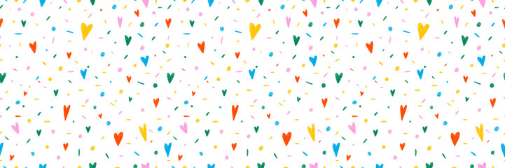 Hand drawn simple sprinkle seamless pattern. Bright color confetti, hearts on white background. Vector Illustration for holiday, party, birthday, invitation.