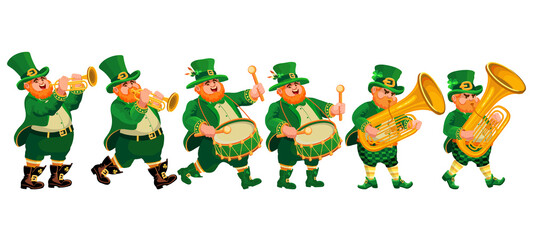 Set of funny musicians drummers, trumpeters, and tuba players in leprechaun costumes. People, cartoon characters are isolated on white. Illustration for St. Patricks Day, an Irish holiday. Vector