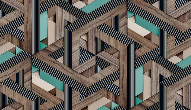 3D Wallpaper in the form of imitation of decorative mosaic of wood colored details and gold decor