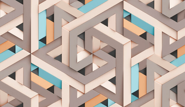 3D Wallpaper in the form of imitation of decorative origami mosaic of brown sand blue and orange colors