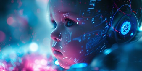 Futuristic cyber baby with glowing circuits, technology and innocence combined in vivid imagery. AI