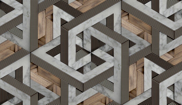 3D Wallpaper in the form of imitation of decorative mosaic of wood ,white marble, black leather and gold decor