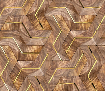 Geometric wood design 3d panels with gold decor