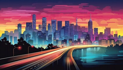Fototapeta premium Illustration of a cityscape at night with illuminated city lights and a highway running through it