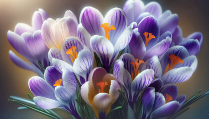 Close up macro shot of purple crocus flowers in full bloom macro. Spring flower. Concept background.