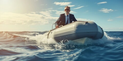 Professionally Dressed Businessman Navigating An Inflatable Boat On The Open Water