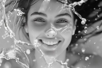 Graceful Woman Enveloped In Refreshing Water, Radiant Smile Preserved
